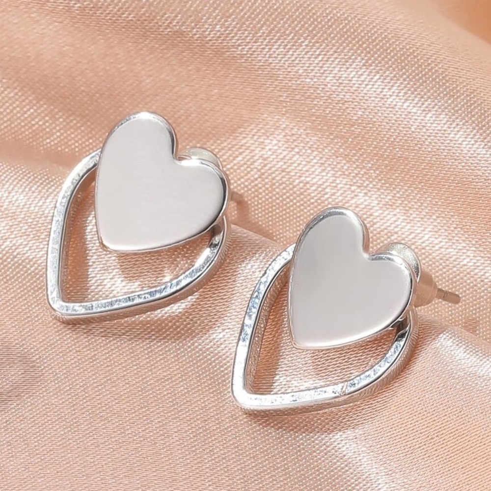 Silver Heart Studs w/Jacket Backs Earrings - Picture 5 of 6
